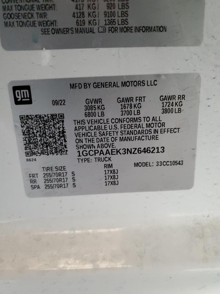 2022 CHEVROLET SILVERADO C1500 VIN:1GCPAAEK3NZ646213