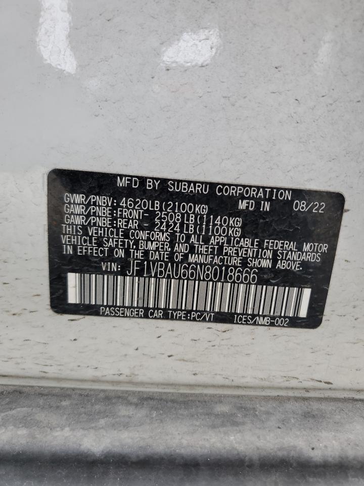 2022 SUBARU WRX GT VIN:JF1VBAU66N8018666