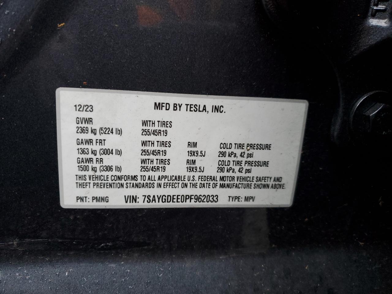 2023 TESLA MODEL Y VIN:7SAYGDEE0PF962033