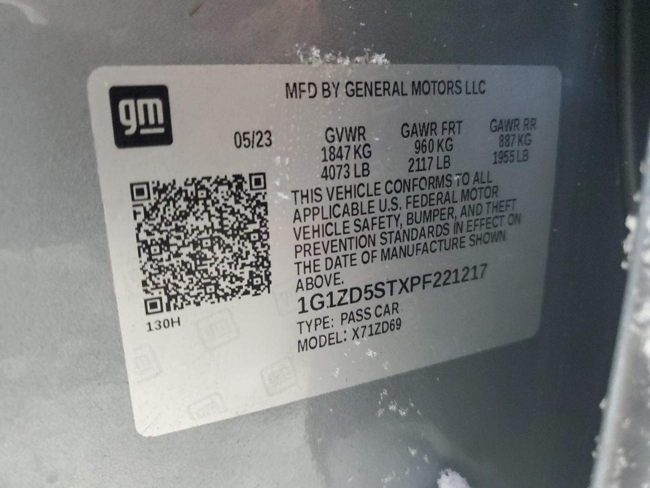 2023 CHEVROLET MALIBU LT VIN:1G1ZD5STXPF221217