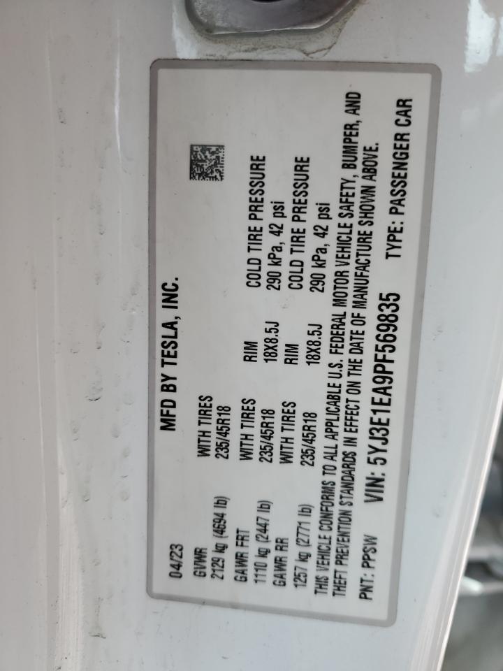 2023 TESLA MODEL 3 VIN:5YJ3E1EA9PF569835