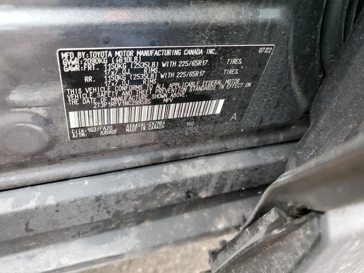2022 TOYOTA RAV4 XLE VIN:2T3P1RFV1NC299585