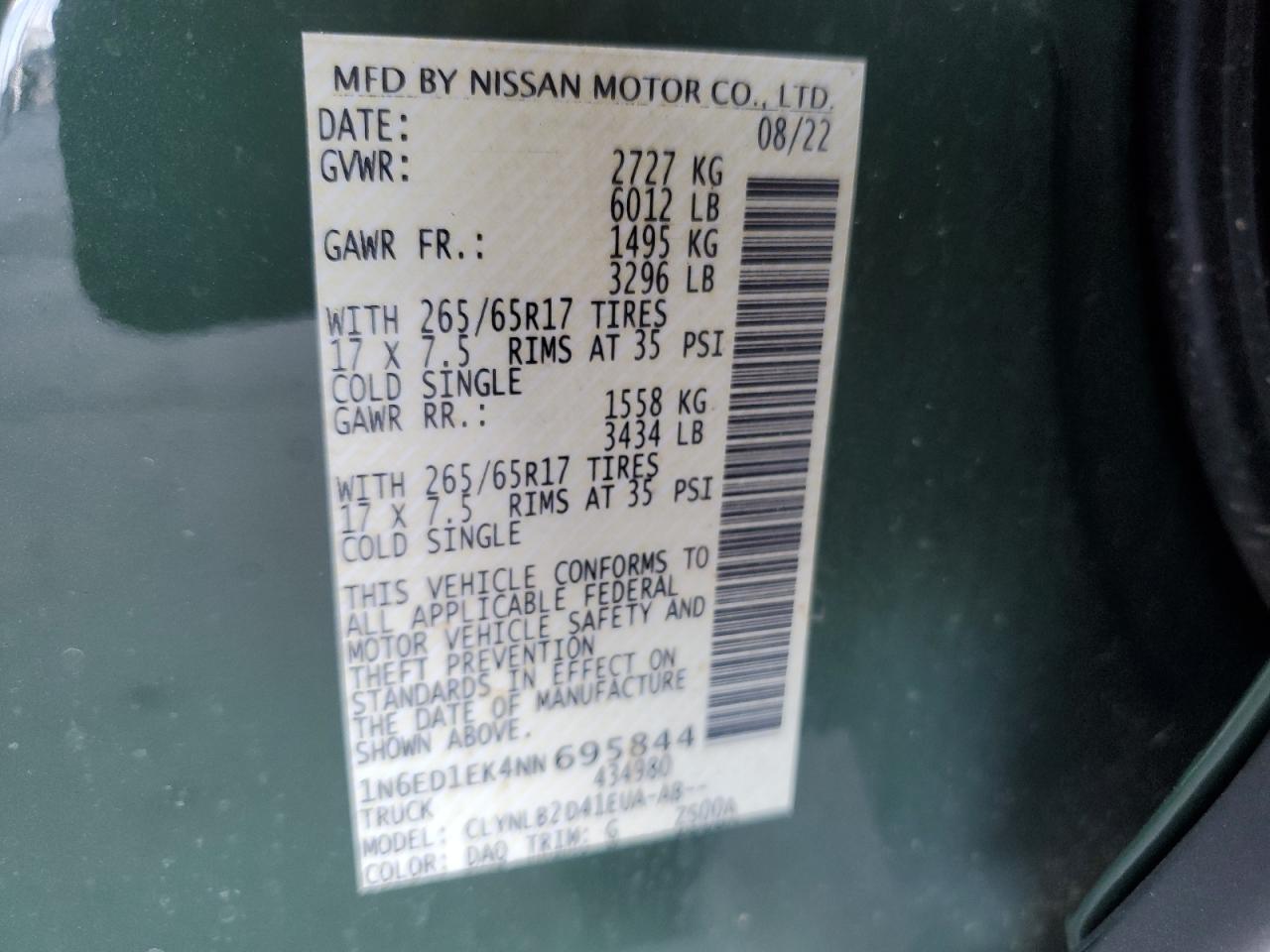 2022 NISSAN FRONTIER S VIN:1N6ED1EK4NN695844