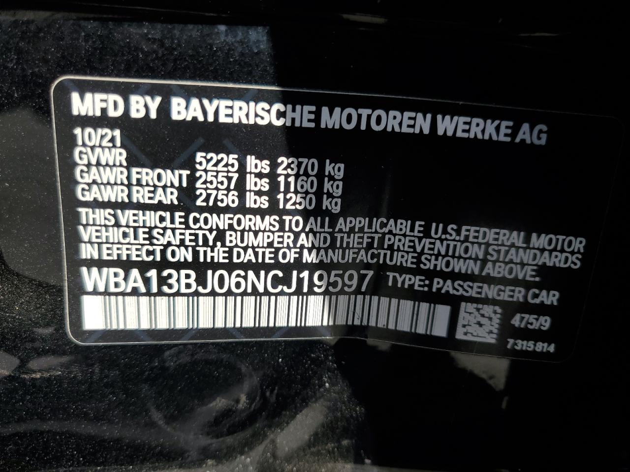 2022 BMW 530 XI VIN:WBA13BJ06NCJ19597
