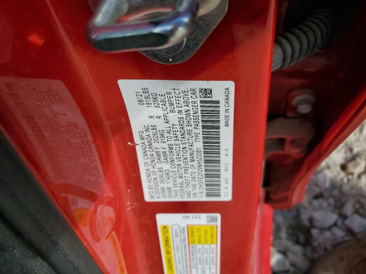 2022 HONDA CIVIC LX VIN:2HGFE2F29NH523361