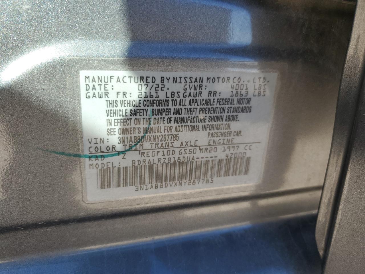 2022 NISSAN SENTRA SR VIN:3N1AB8DVXNY287785
