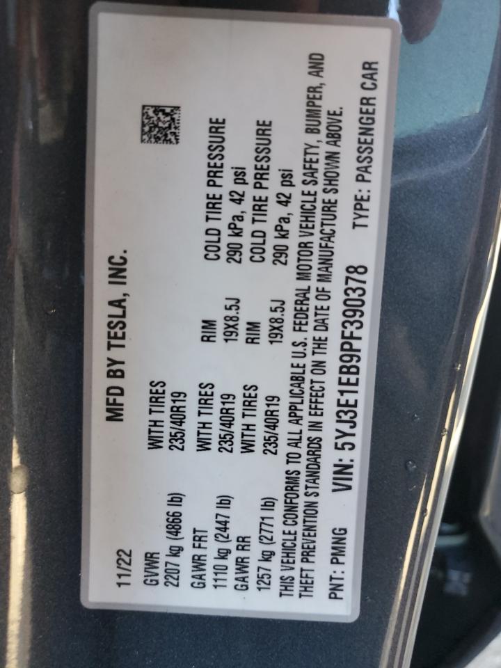 2023 TESLA MODEL 3 VIN:5YJ3E1EB9PF390378