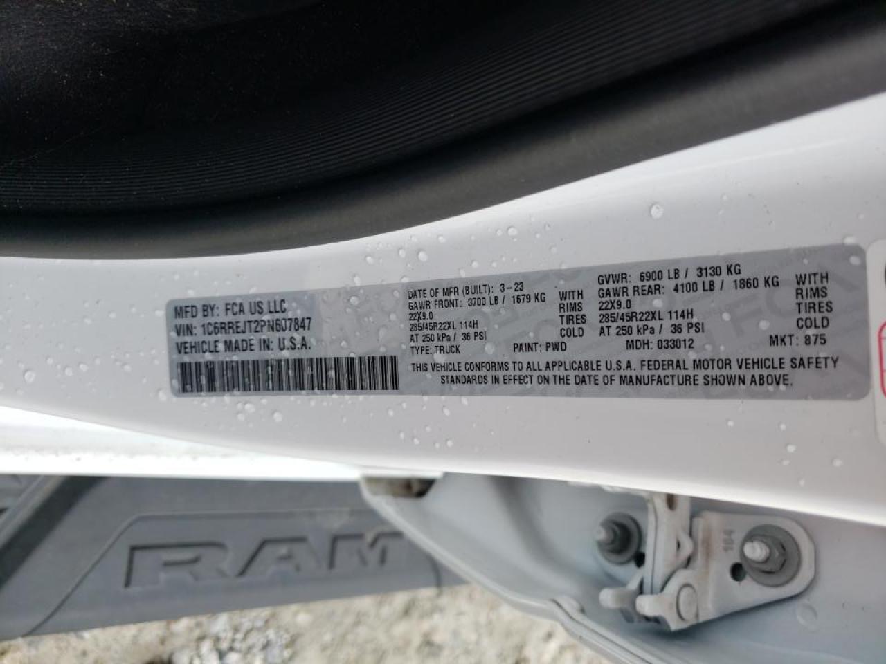 2023 RAM 1500 LARAMIE VIN:1C6RREJT2PN607847