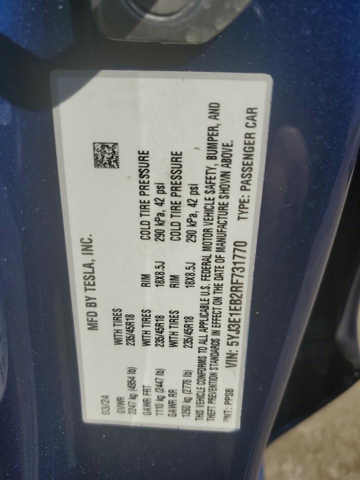 2024 TESLA MODEL 3 VIN:5YJ3E1EB2RF731770