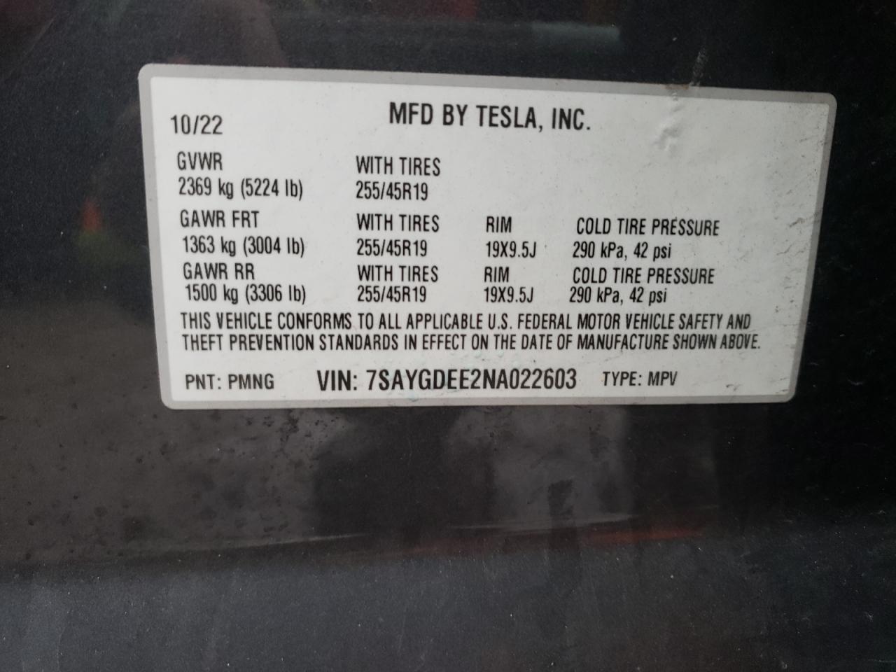 2022 TESLA MODEL Y VIN:7SAYGDEE2NA022603