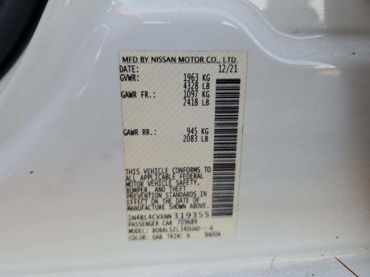 2022 NISSAN ALTIMA SR VIN:1N4BL4CVXNN319355