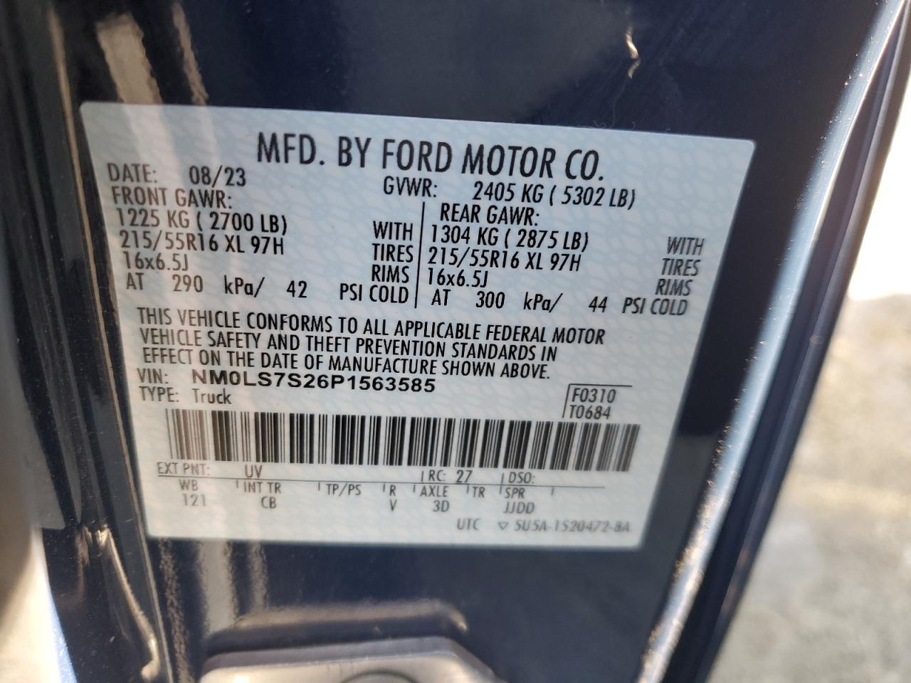 2023 FORD TRANSIT CONNECT XL VIN:NM0LE7S25P1565254