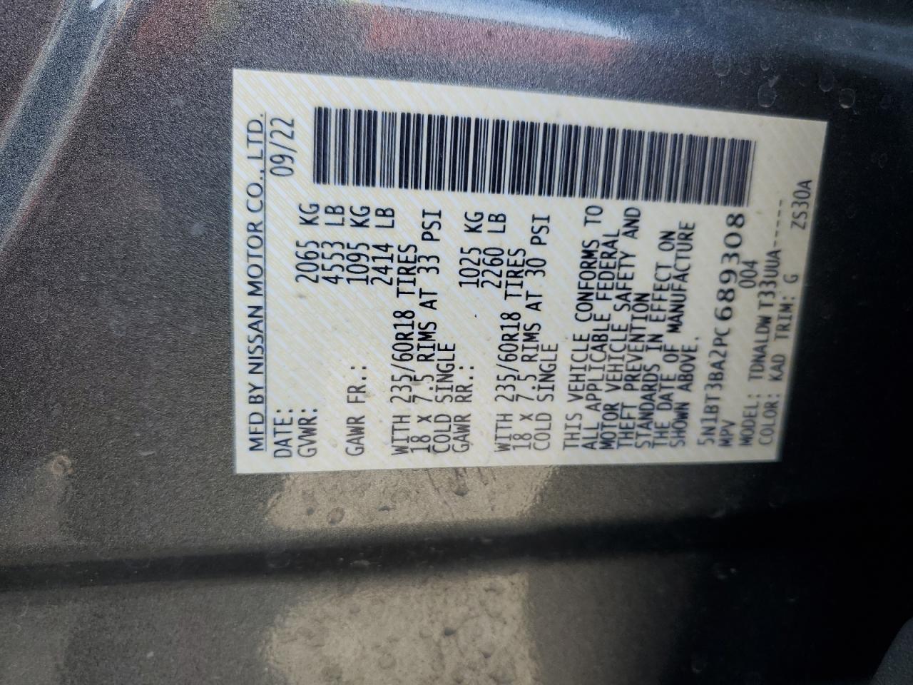 2023 NISSAN ROGUE SV VIN:5N1BT3BA2PC689308