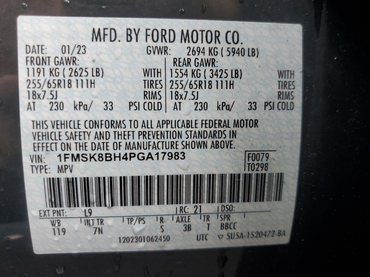 2023 FORD EXPLORER VIN:1FMSK8BH4PGA17983