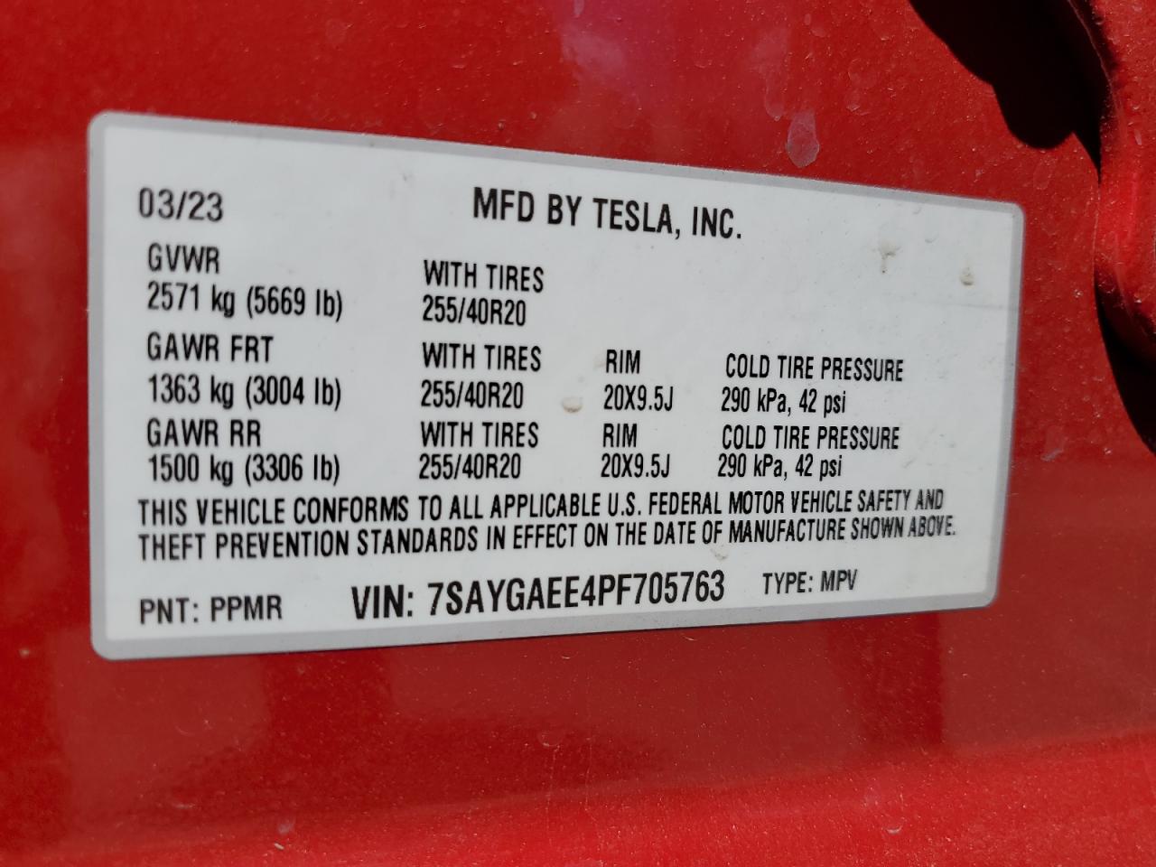 2023 TESLA MODEL Y VIN:7SAYGAEE4PF705763