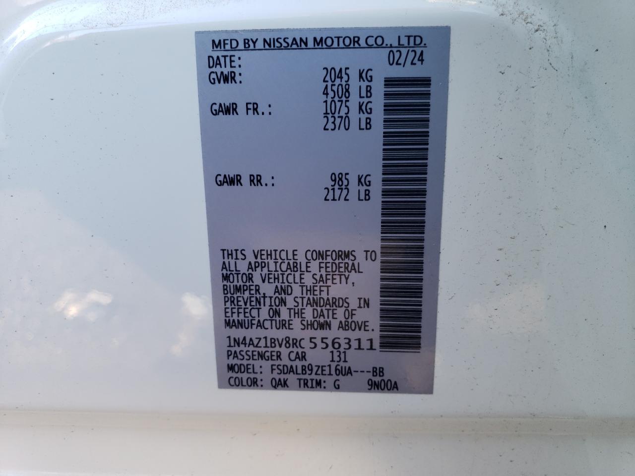 2024 NISSAN LEAF S VIN:1N4AZ1BV8RC556311