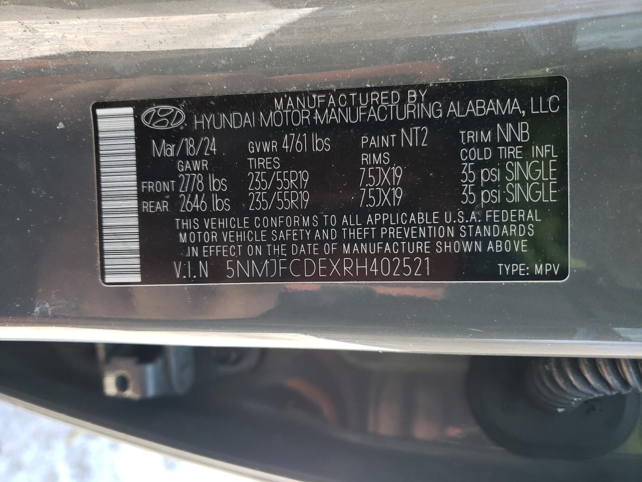 2024 HYUNDAI TUCSON SEL VIN:5NMJFCDEXRH402521