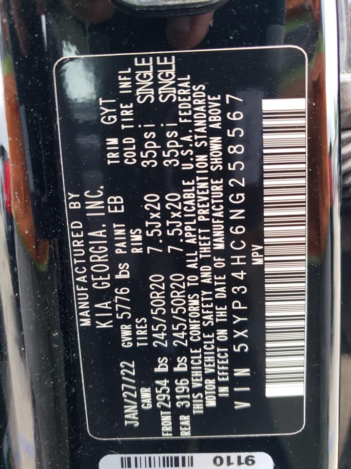 2022 KIA TELLURIDE EX VIN:5XYP34HC6NG258567