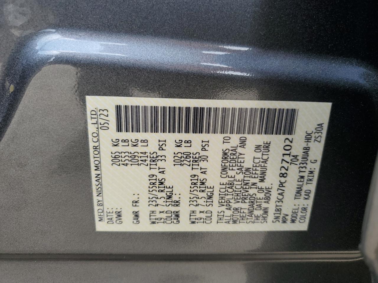 2023 NISSAN ROGUE SL VIN:5N1BT3CA7PC827102