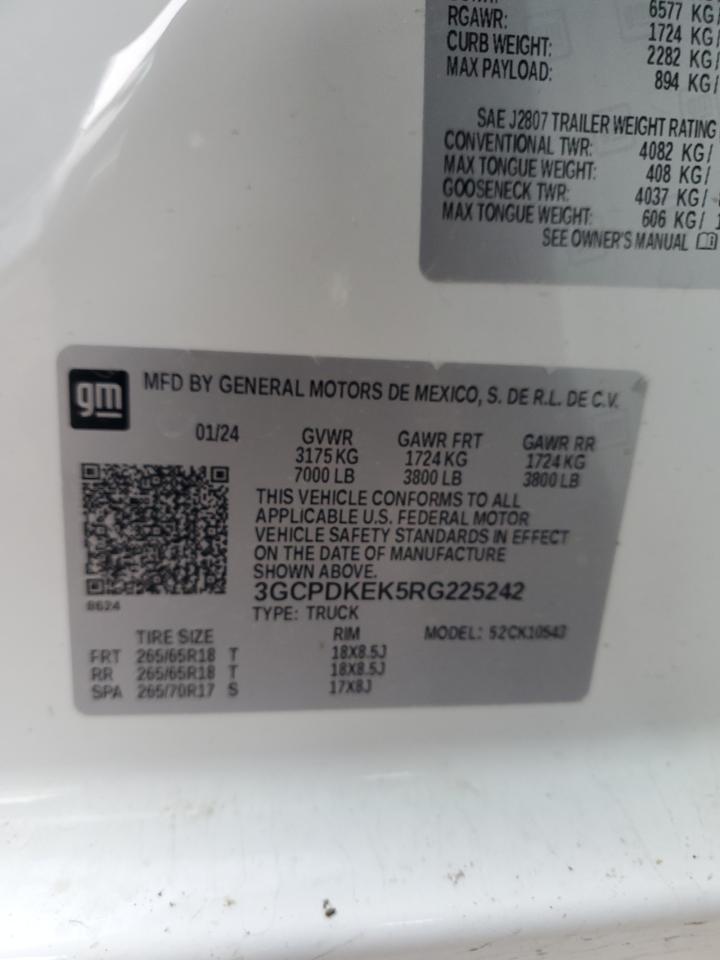 2024 CHEVROLET SILVERADO K1500 LT-L VIN:3GCPDKEK5RG225242