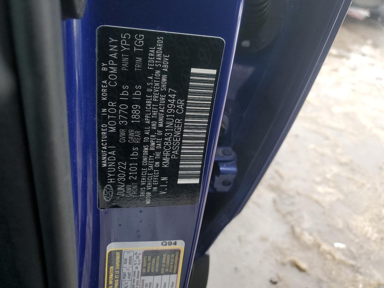 2022 HYUNDAI VENUE SEL VIN:KMHRC8A31NU199447