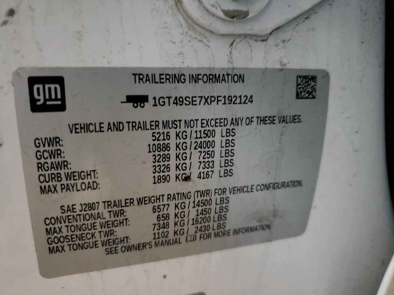 2023 GMC SIERRA K3500 VIN:1GT49SE7XPF192124