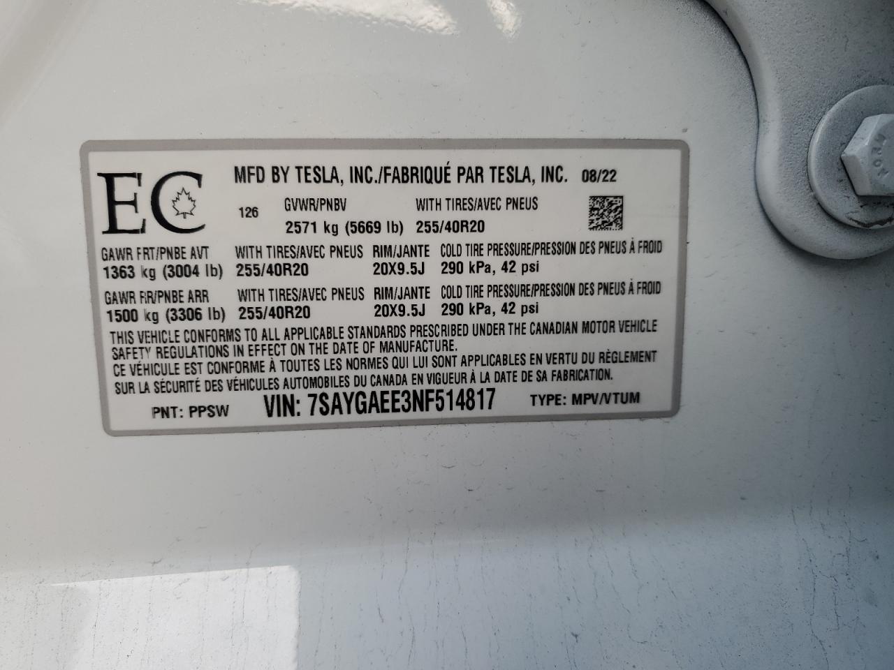 2022 TESLA MODEL Y VIN:7SAYGAEE3NF514817