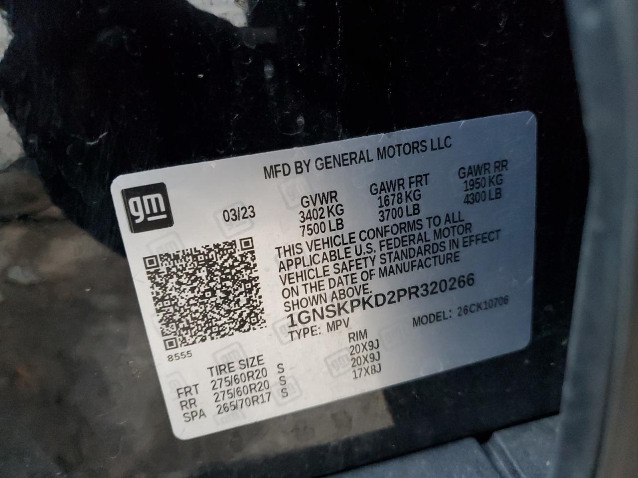 2023 CHEVROLET TAHOE K1500 Z71 VIN:1GNSKPKD2PR320266