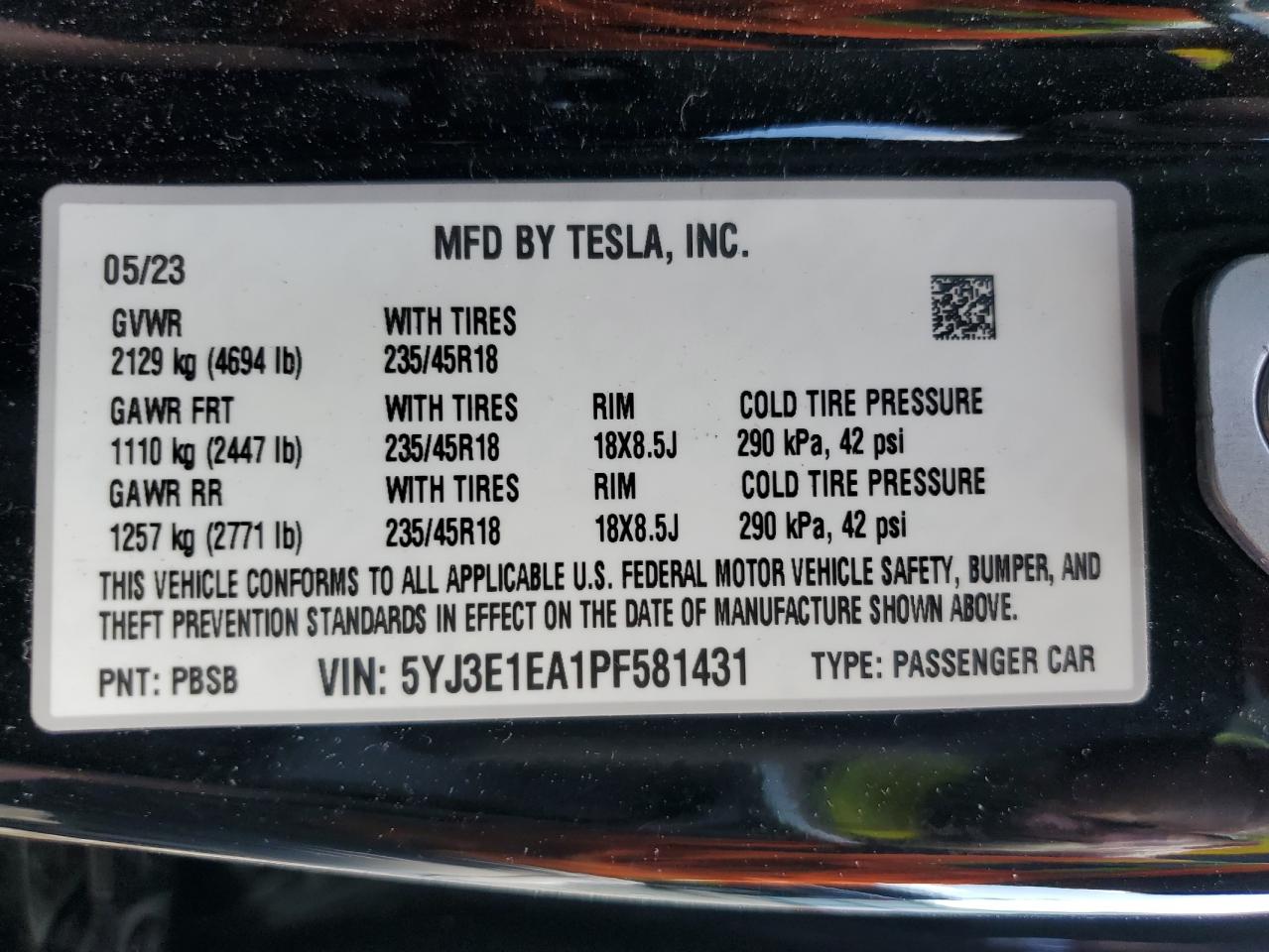 2023 TESLA MODEL 3 VIN:5YJ3E1EA1PF581431