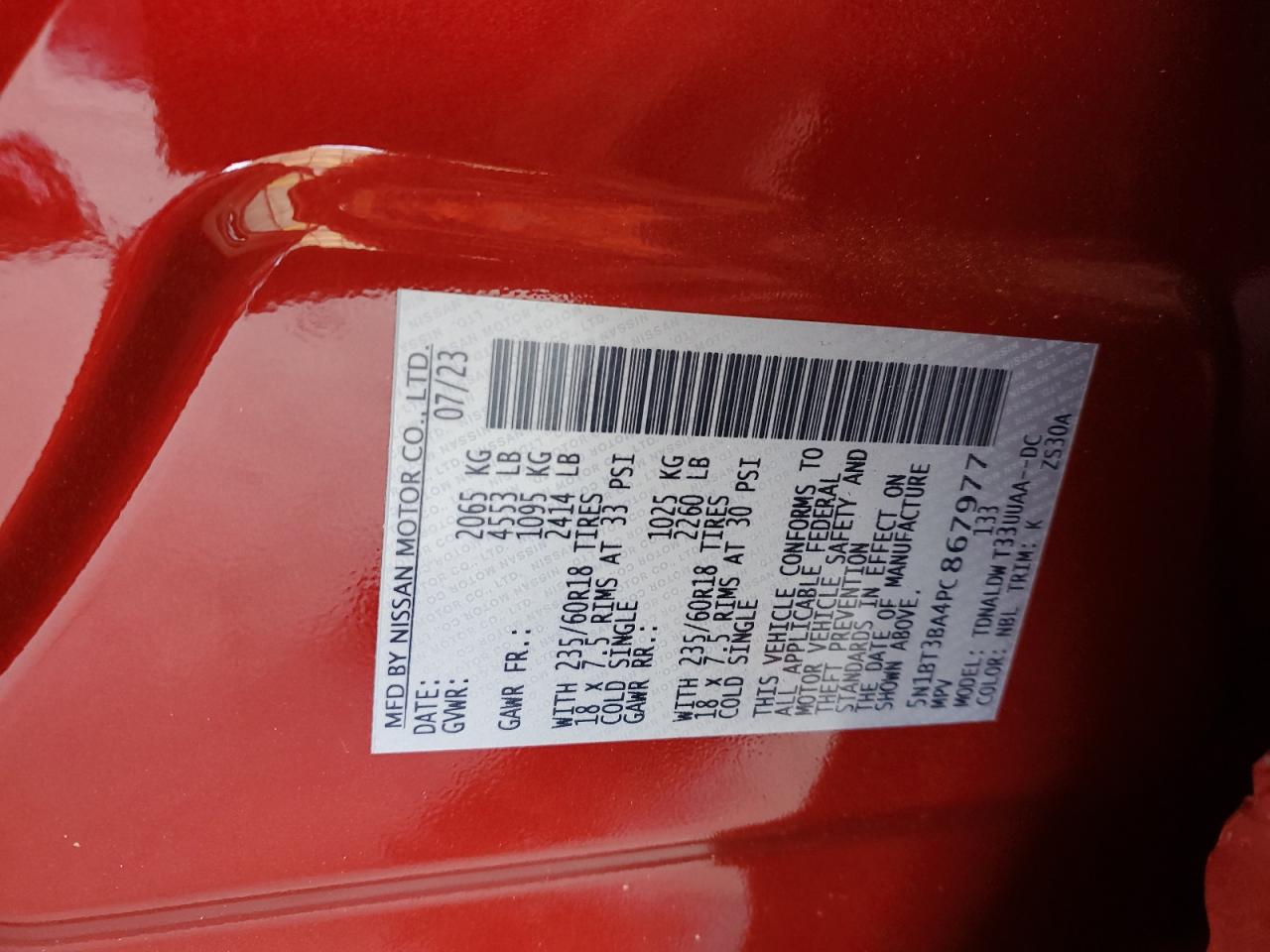 2023 NISSAN ROGUE SV VIN:5N1BT3BA4PC867977
