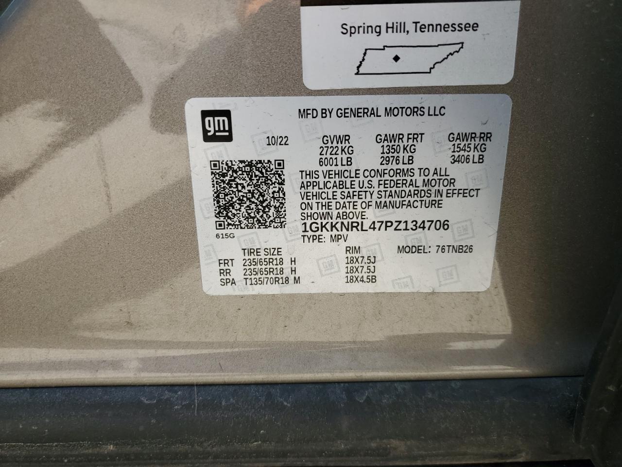 2023 GMC ACADIA SLE VIN:1GKKNRL47PZ134706