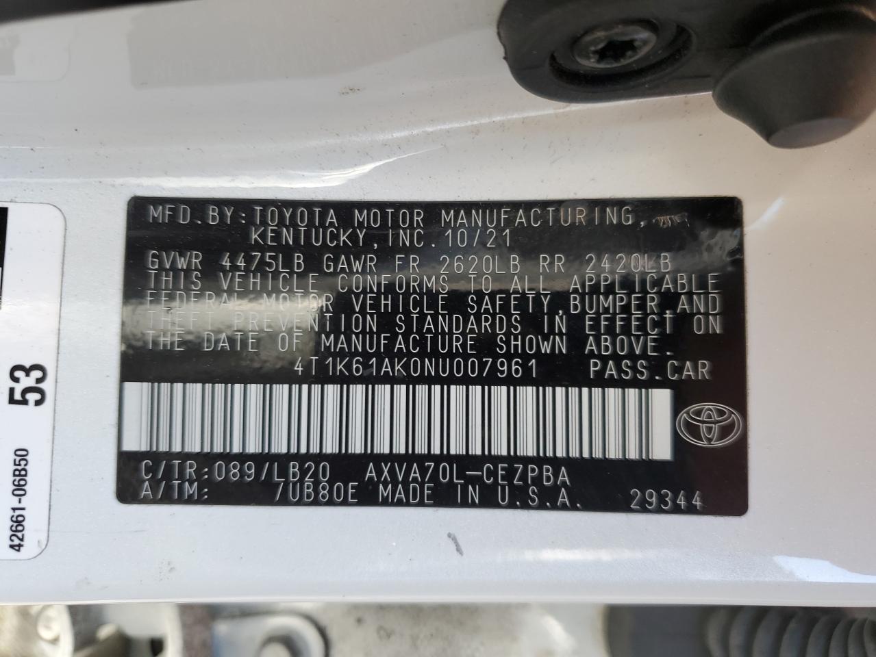 2022 TOYOTA CAMRY XSE VIN:4T1K61AK0NU007961