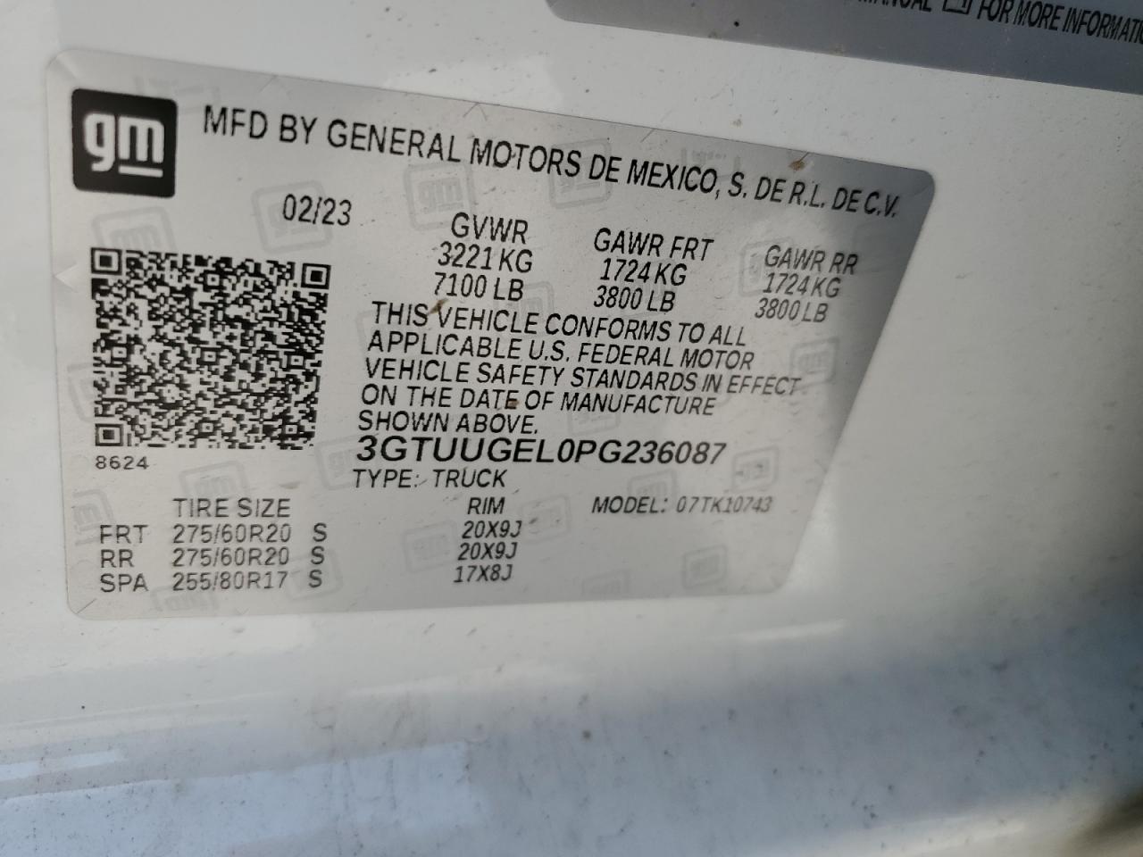 2023 GMC SIERRA K1500 DENALI VIN:3GTUUGEL0PG236087