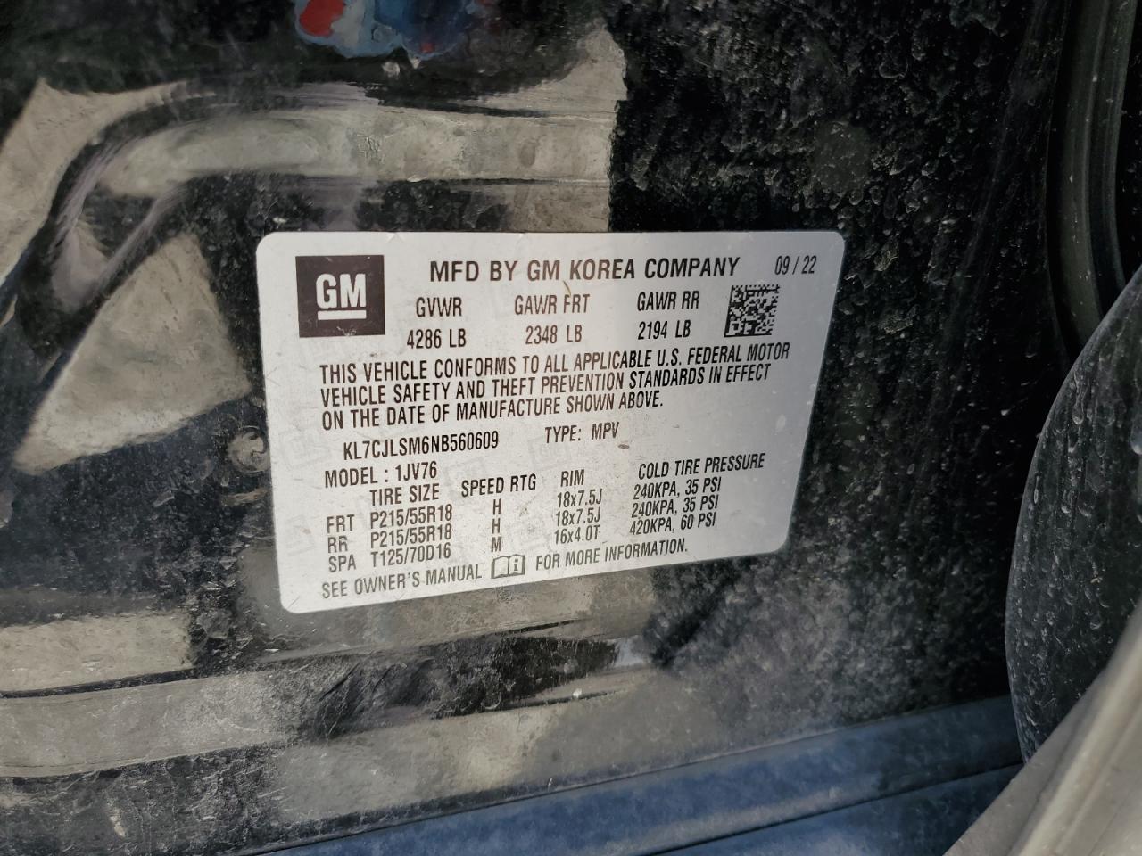 2022 CHEVROLET TRAX 1LT VIN:KL7CJLSM6NB560609