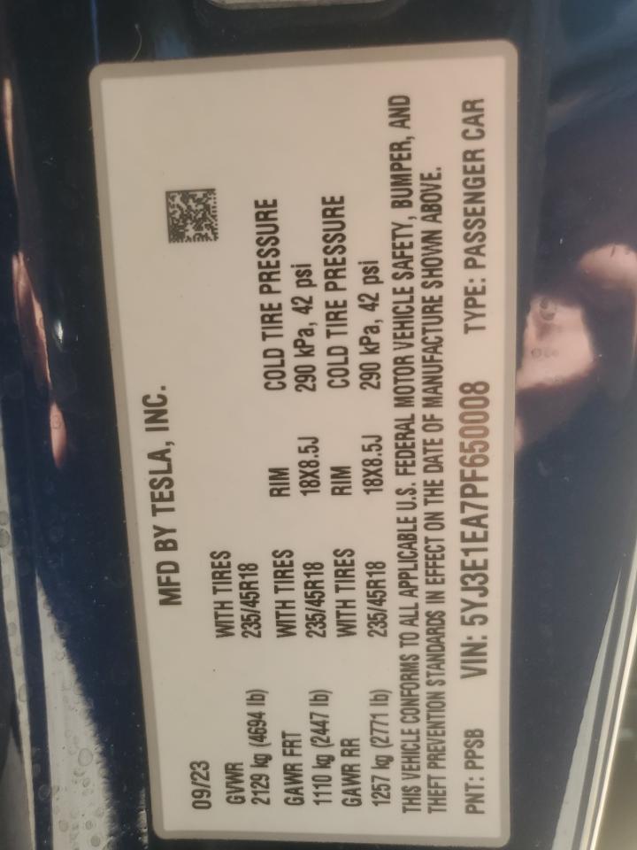 2023 TESLA MODEL 3 VIN:5YJ3E1EA7PF650008