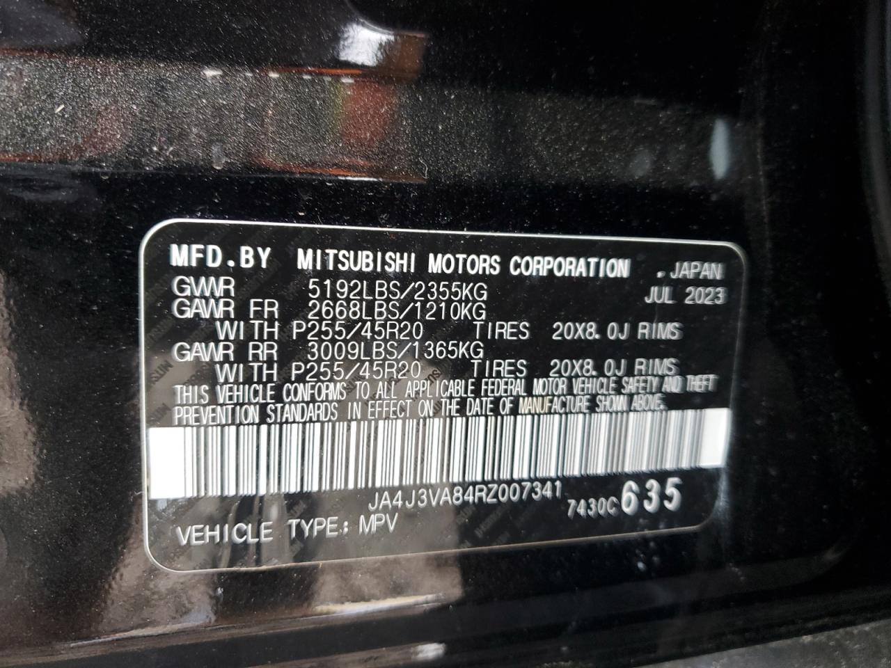 2024 MITSUBISHI OUTLANDER SE VIN:JA4J3VA84RZ007341