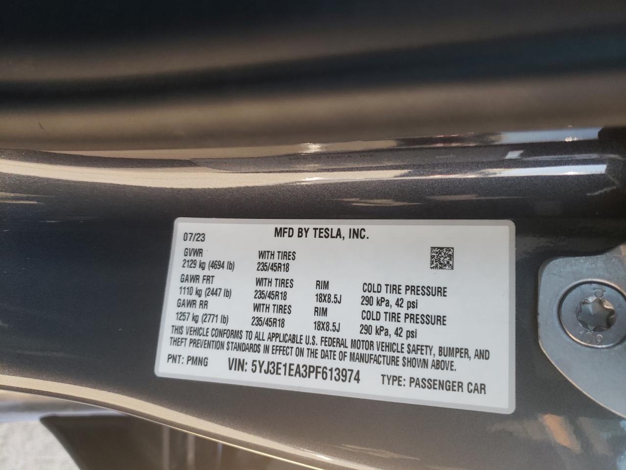2023 TESLA MODEL 3 VIN:5YJ3E1EA3PF613974
