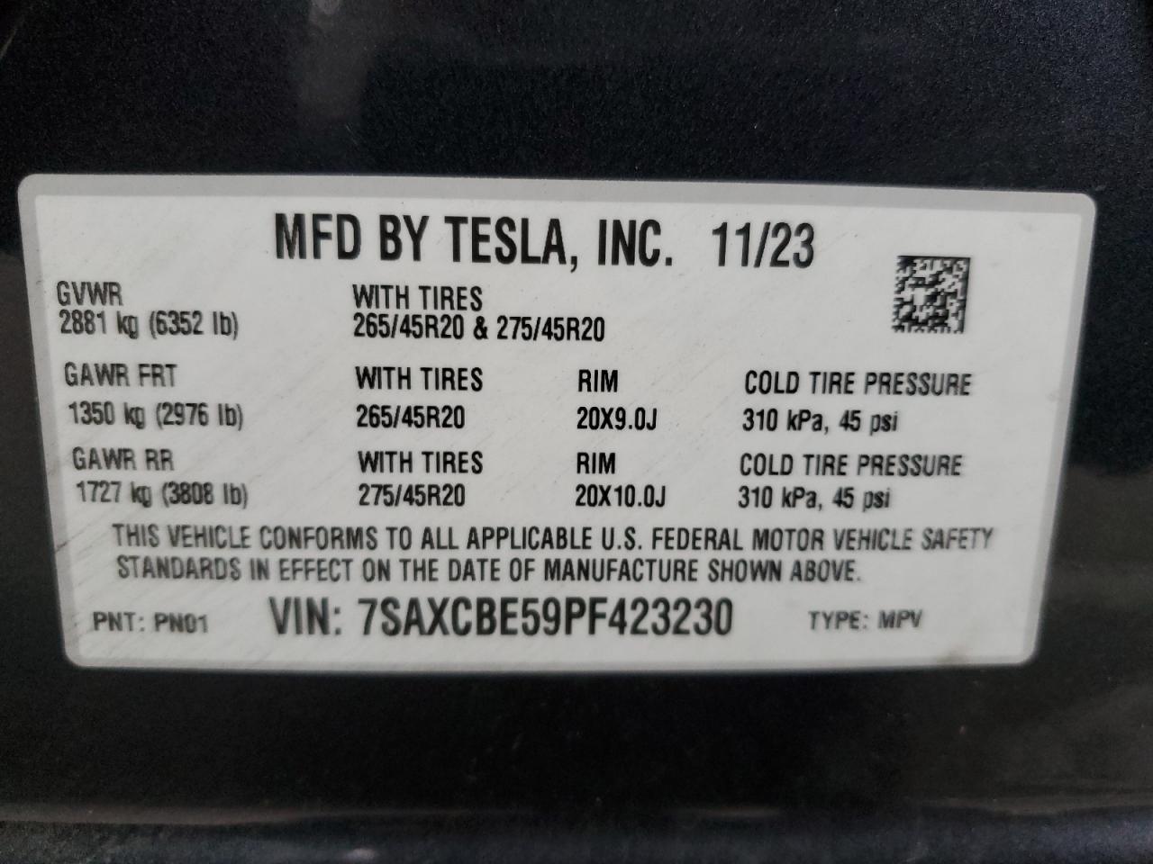 2023 TESLA MODEL X VIN:7SAXCBE59PF423230