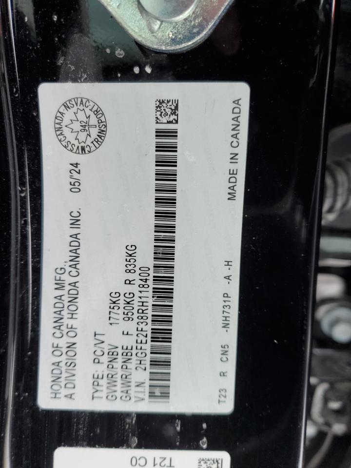 2024 HONDA CIVIC EX VIN:2HGFE2F38RH118400