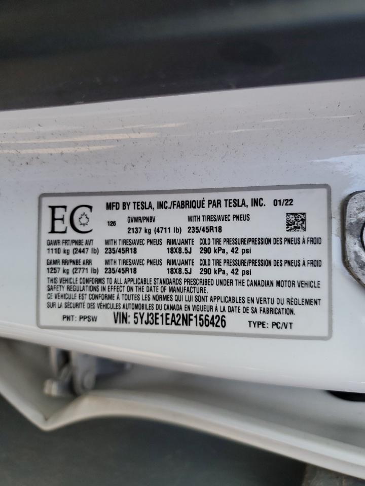 2022 TESLA MODEL 3 VIN:VF34BLFZ270915758