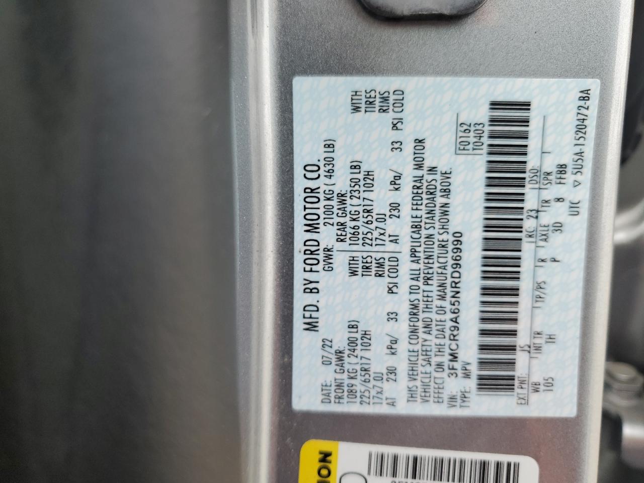 2022 FORD BRONCO SPORT VIN:3FMCR9A65NRD96990