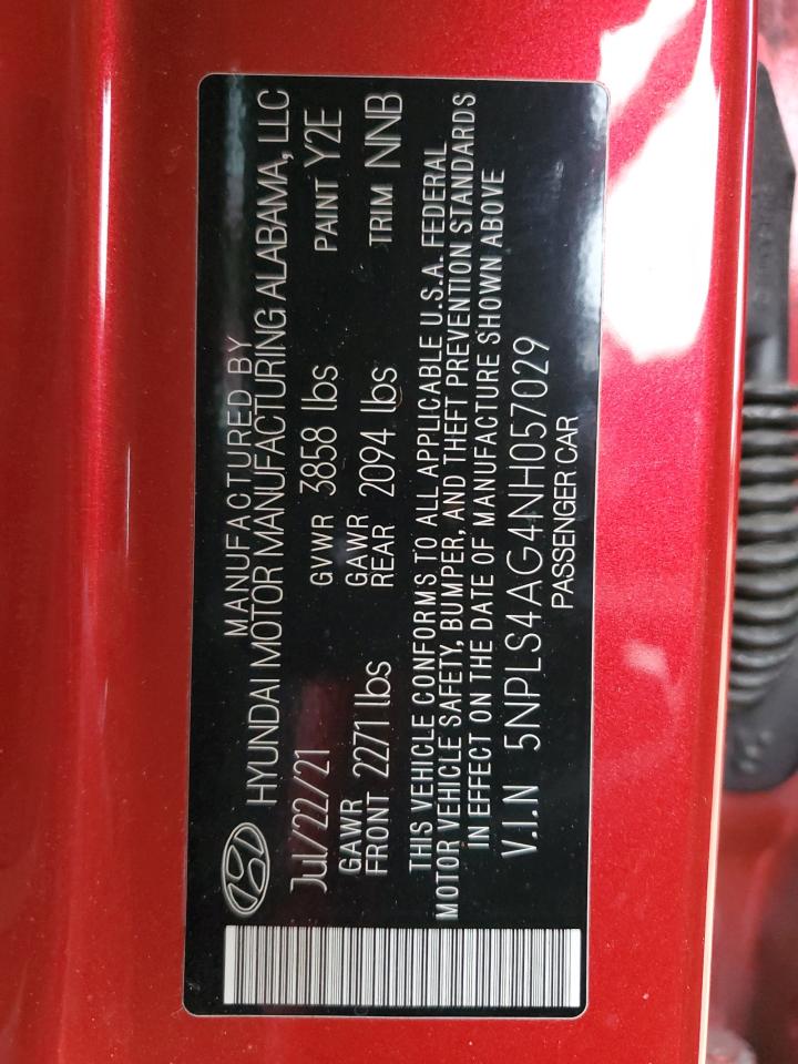 2022 HYUNDAI ELANTRA SEL VIN:5NPLS4AG4NH057029