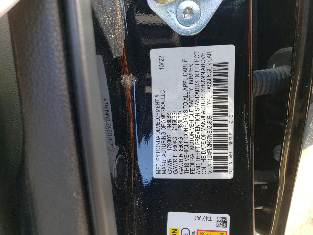 2022 HONDA CIVIC SPORT VIN:19XFL2H87NE023989