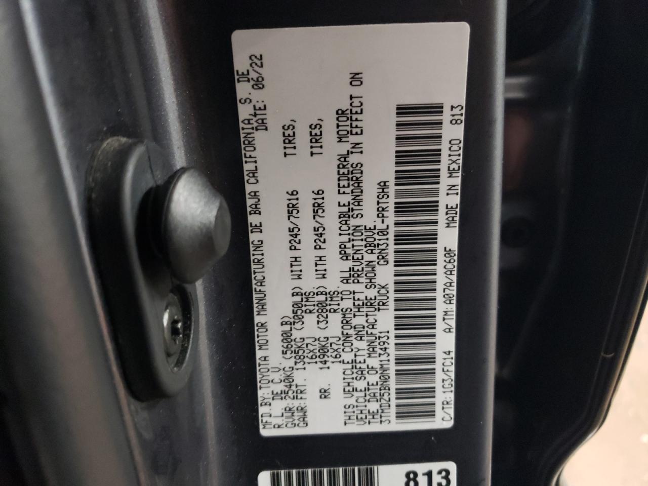 2022 TOYOTA TACOMA DOUBLE CAB VIN:3TMDZ5BN0NM134931