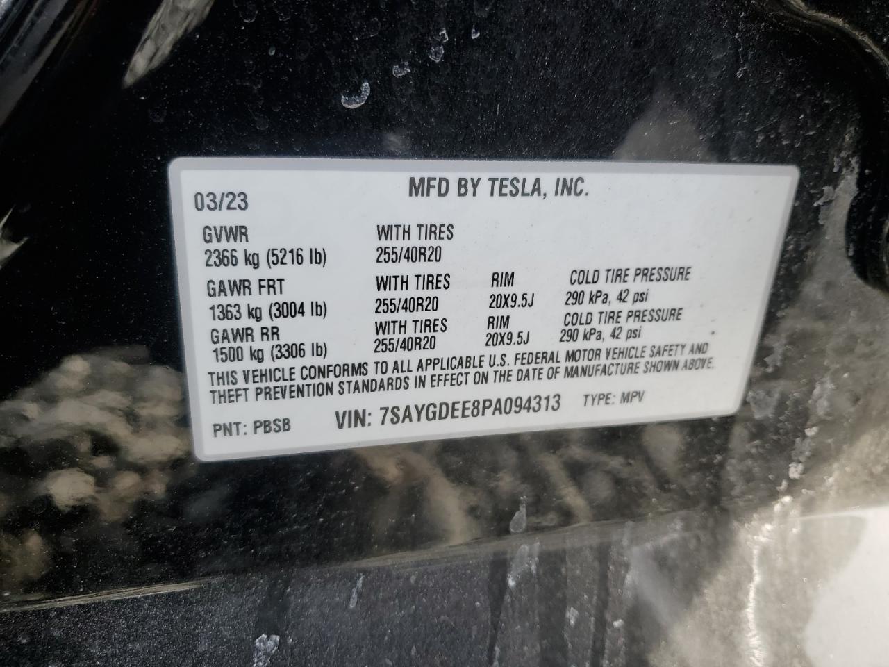 2023 TESLA MODEL Y VIN:7SAYGDEE8PA094313