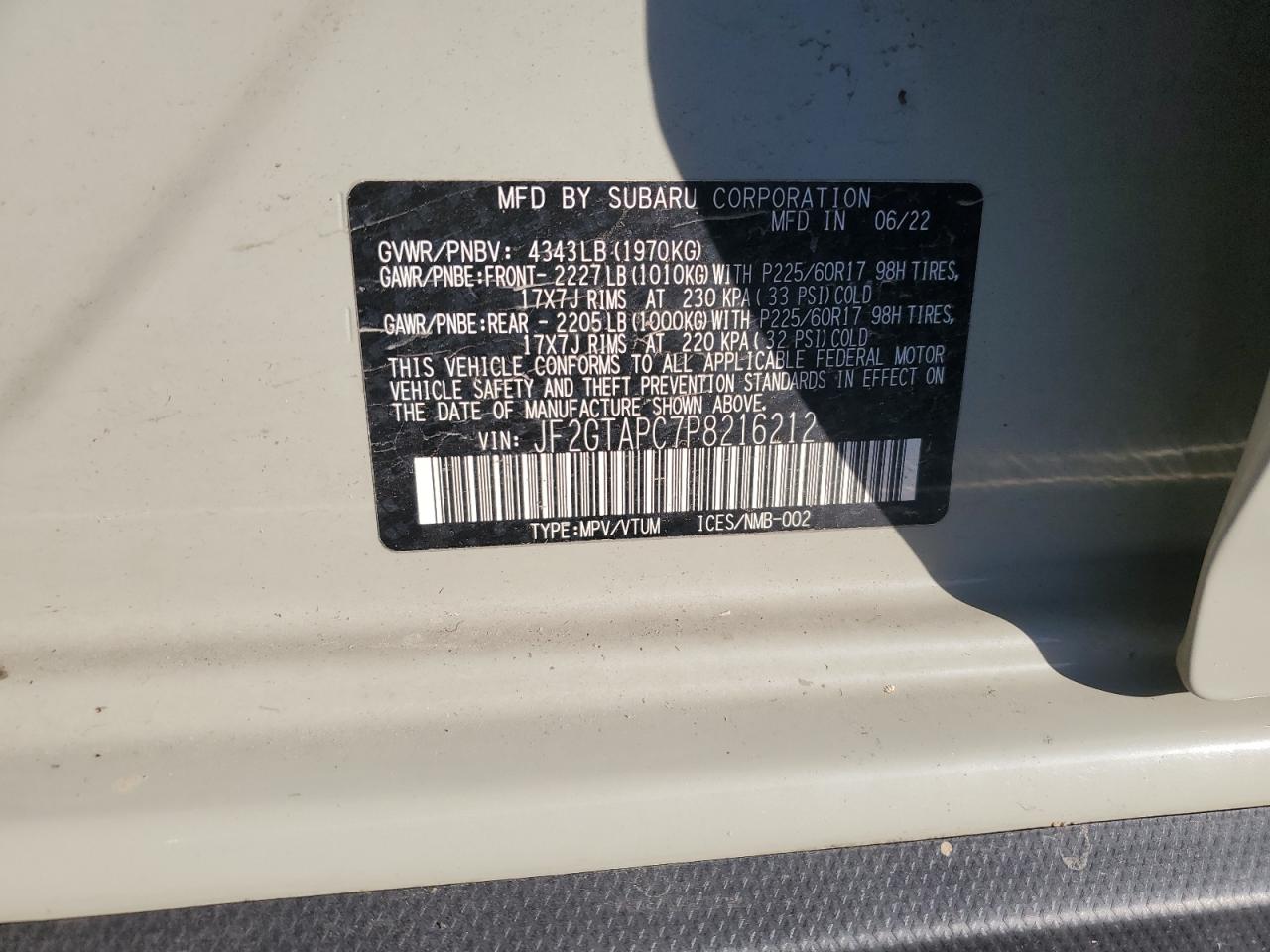 2023 SUBARU CROSSTREK PREMIUM VIN:JF2GTAPC7P8216212