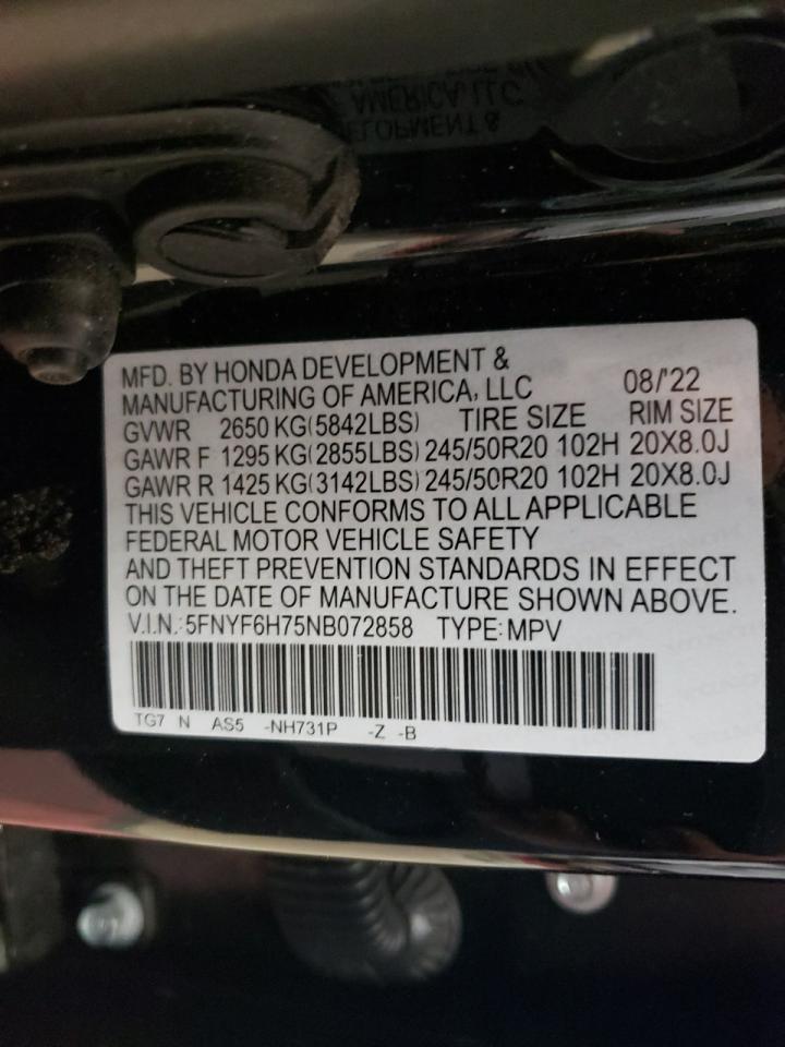 2022 HONDA PILOT BLACK VIN:5FNYF6H75NB072858