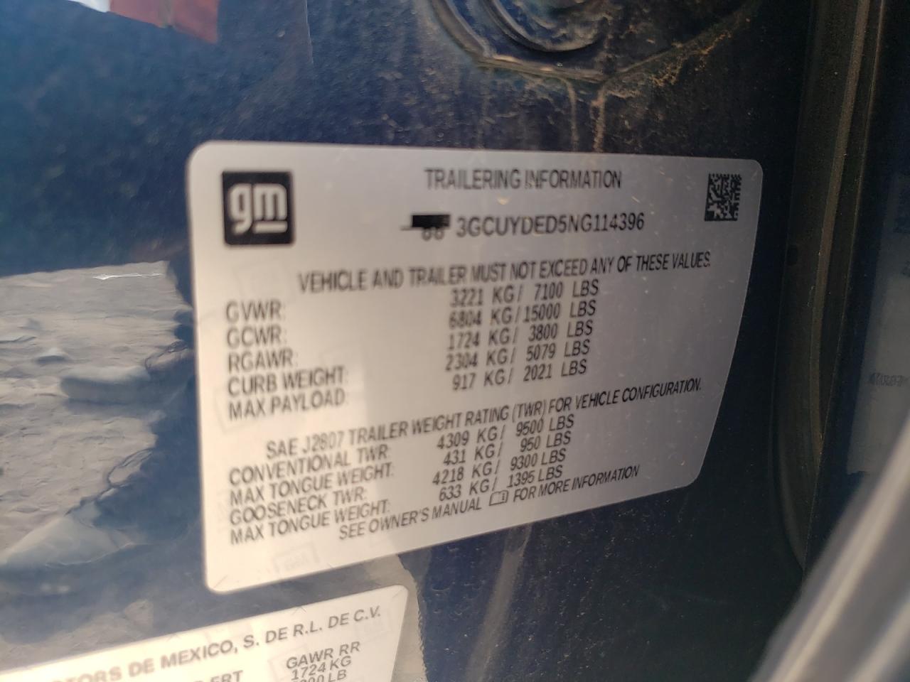 2022 CHEVROLET SILVERADO LTD K1500 LT VIN:3GCUYDED5NG114396