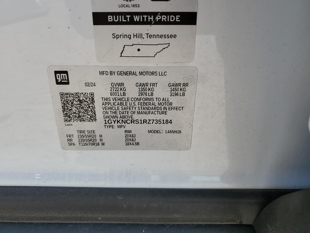 2024 CADILLAC XT5 PREMIUM LUXURY VIN:1GYKNCRS1RZ735184