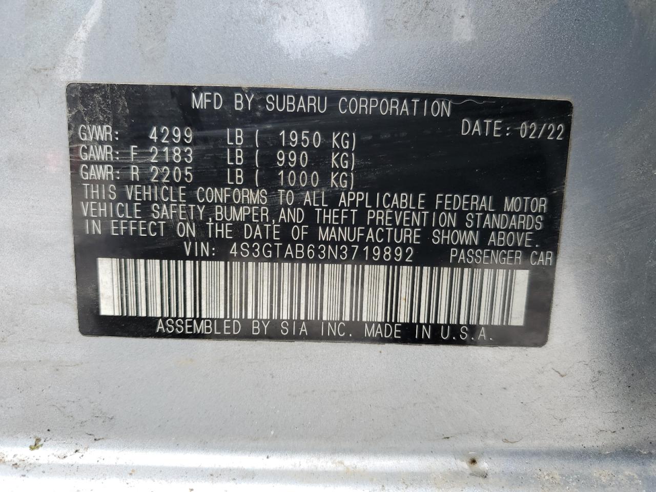2022 SUBARU IMPREZA VIN:4S3GTAB63N3719892